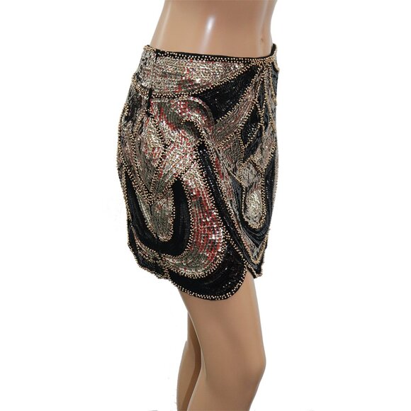 ENDLESS ROSE Black Silver Bronze Sequin Beaded ART DECO Geometric Mini Skirt L - Picture 2 of 6